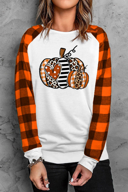 Pumpkin Graphic Round Neck Long Plaid Sleeve Tee-Jewearrings