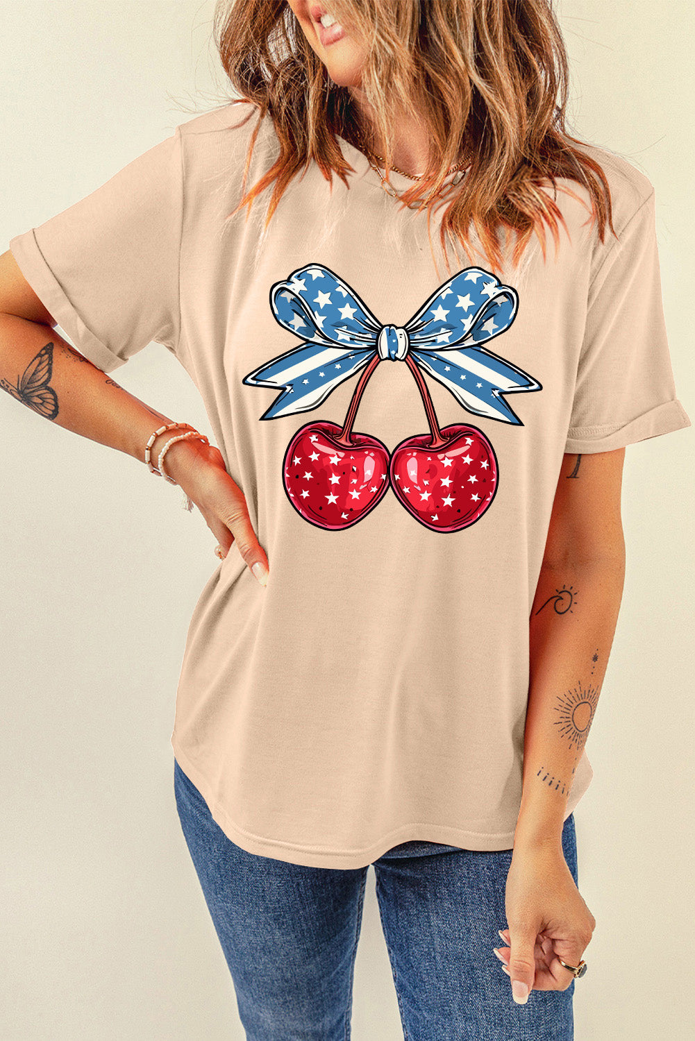 Cherry Graphic Round Neck Short Sleeve T-Shirt-Jewearrings