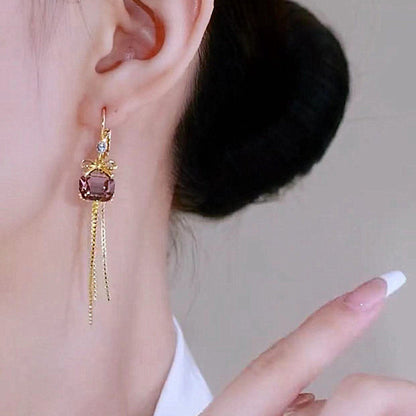 Niche Design Amethyst Bow Knot Tassel Earrings-Jewearrings