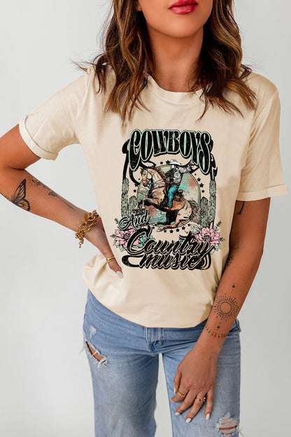 Short Sleeve Round Neck Cowboy Graphic Tee-Jewearrings