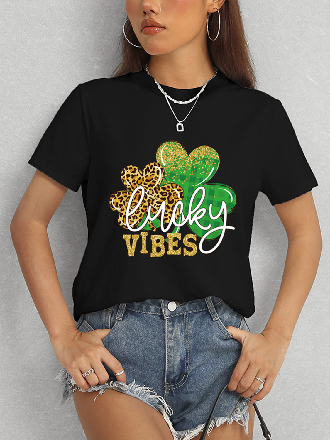 LUCKY VIBES Round Neck Short Sleeve T-Shirt-Jewearrings