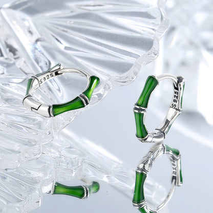 S925 Sterling Silver Niche Green Oil Dripping Bamboo Earrings-Jewearrings