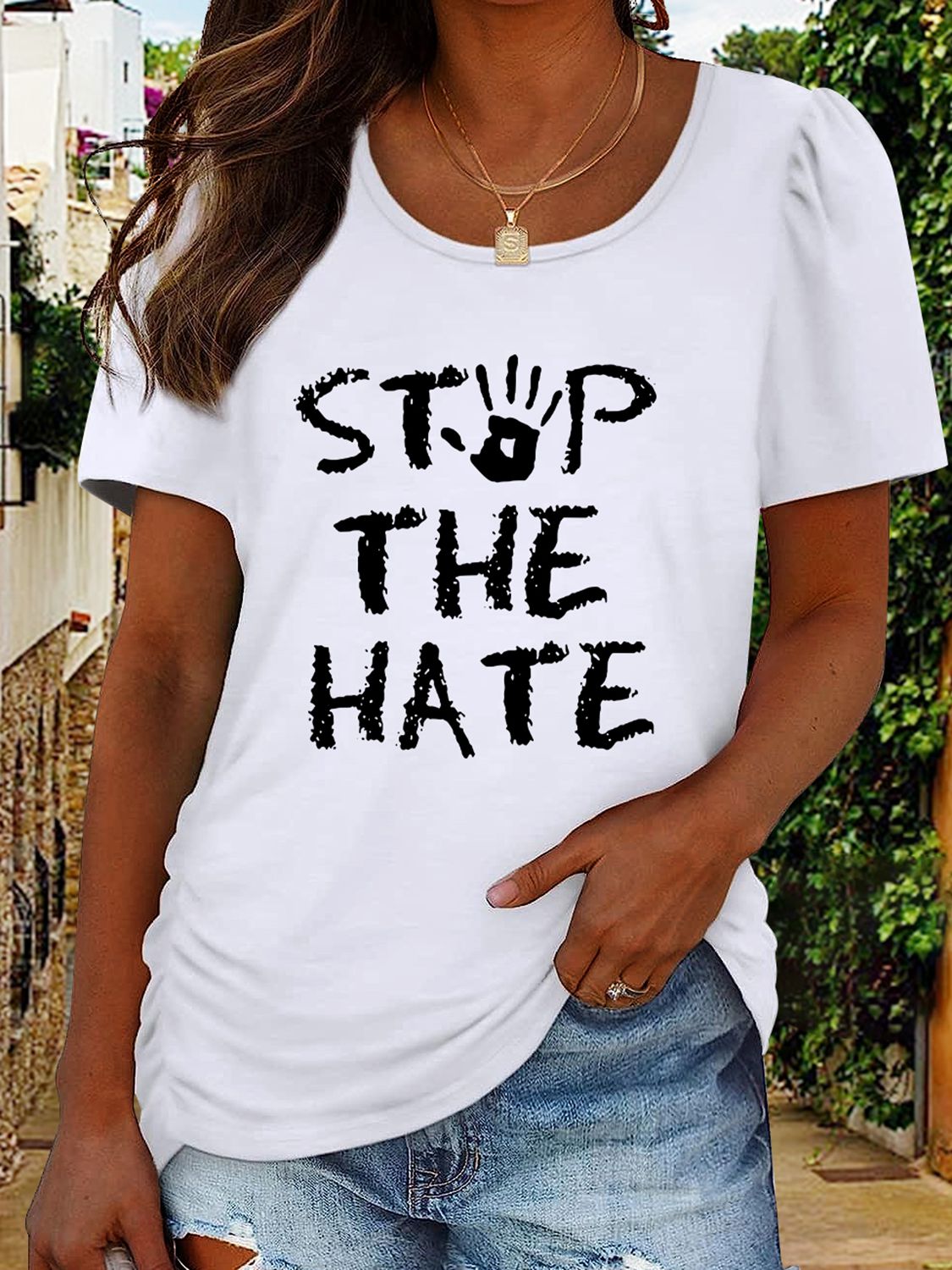 Round Neck Short Sleeve STOP THE HATE Graphic T-Shirt-Jewearrings