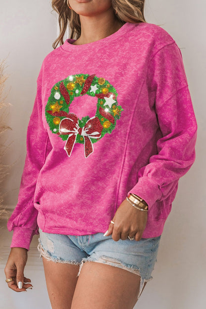 Wreath Sequin Round Neck Long Sleeve Sweatshirt-Jewearrings