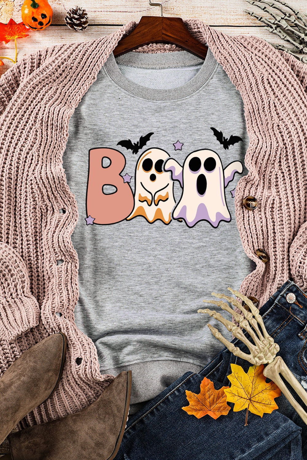 Ghost Graphic Round Neck Sweatshirt-Jewearrings