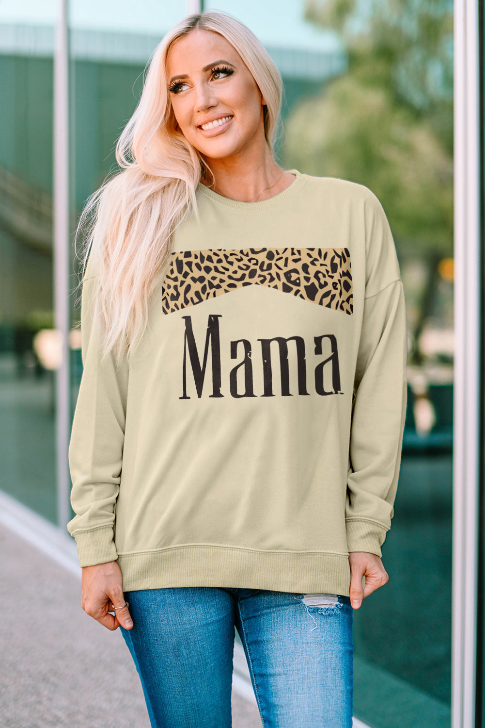 MAMA Leopard Graphic Drop Shoulder Sweatshirt-Jewearrings