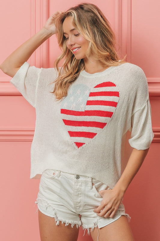 BiBi Striped Heart Contrast Knit Top-Jewearrings