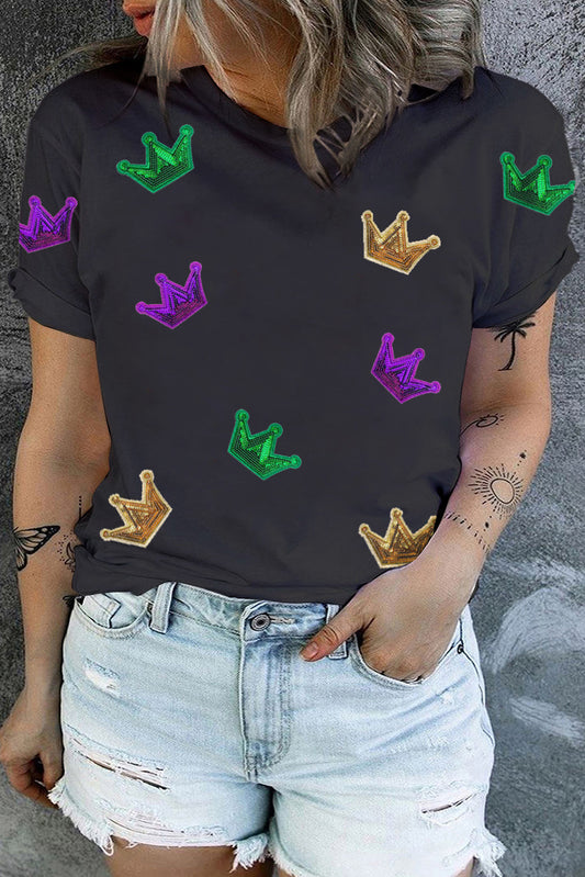 Plus Size Sequin Crown Print Round Neck T-Shirt-Jewearrings