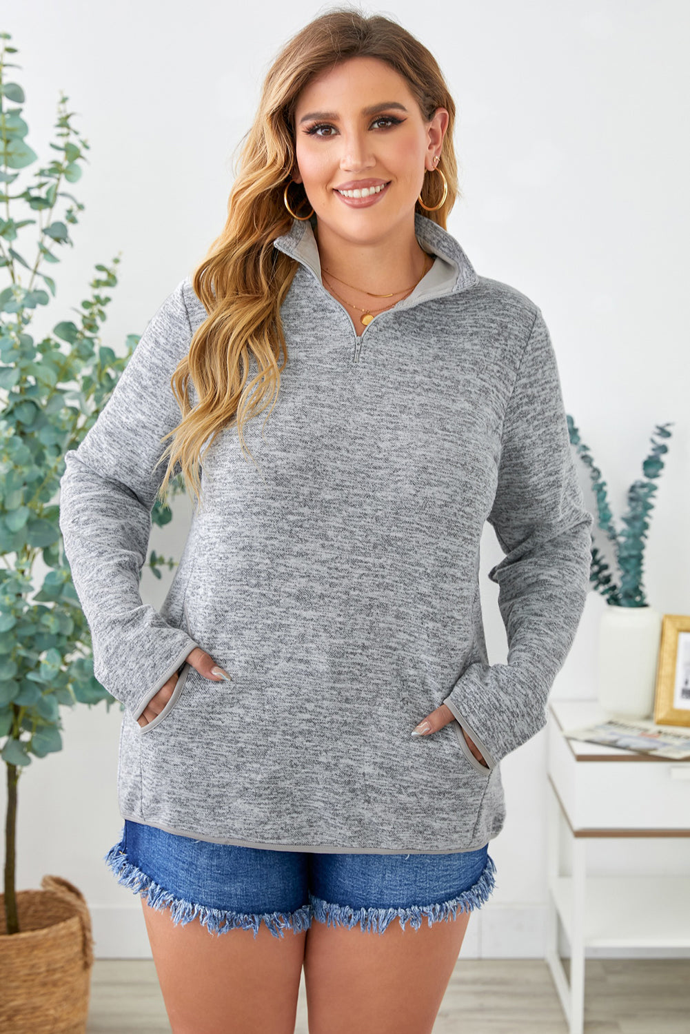 Plus Size Heathered Quarter Zip Pullover-Jewearrings