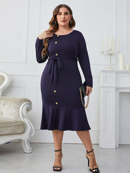 Melo Apparel Plus Size Buttoned Round Neck Tie Belt Midi Dress-Jewearrings