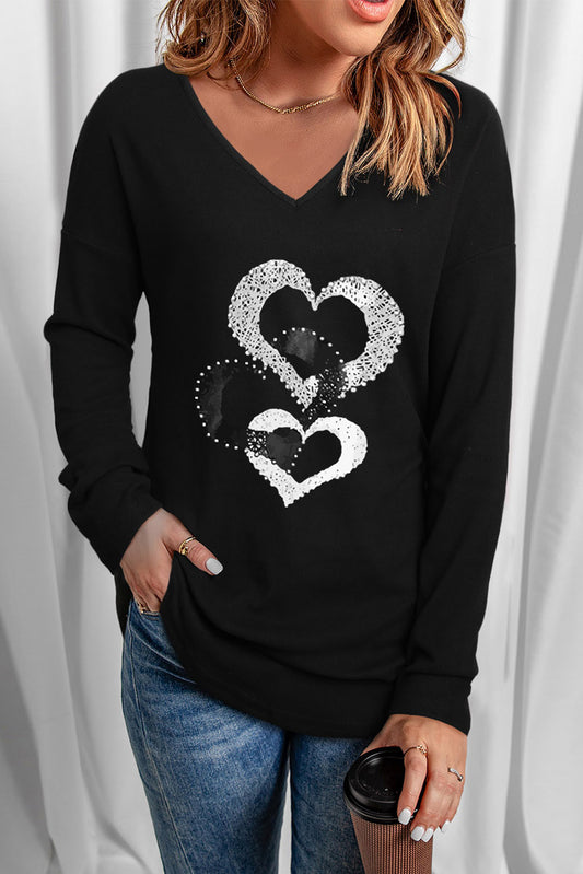 Heart Contrast V-Neck Long Sleeve Tee-Jewearrings