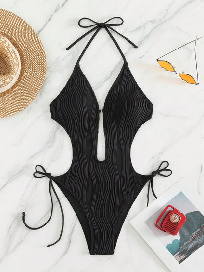 Textured Cutout Tied One-Piece Swimwear-Jewearrings