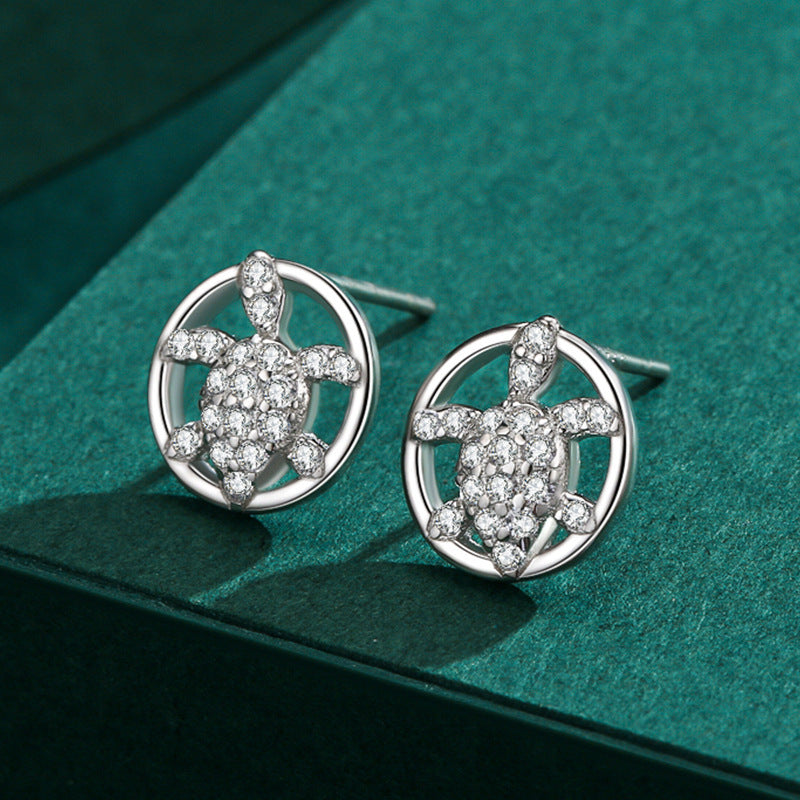 S925 Sterling Silver Small Turtle Earrings With Diamonds-Jewearrings