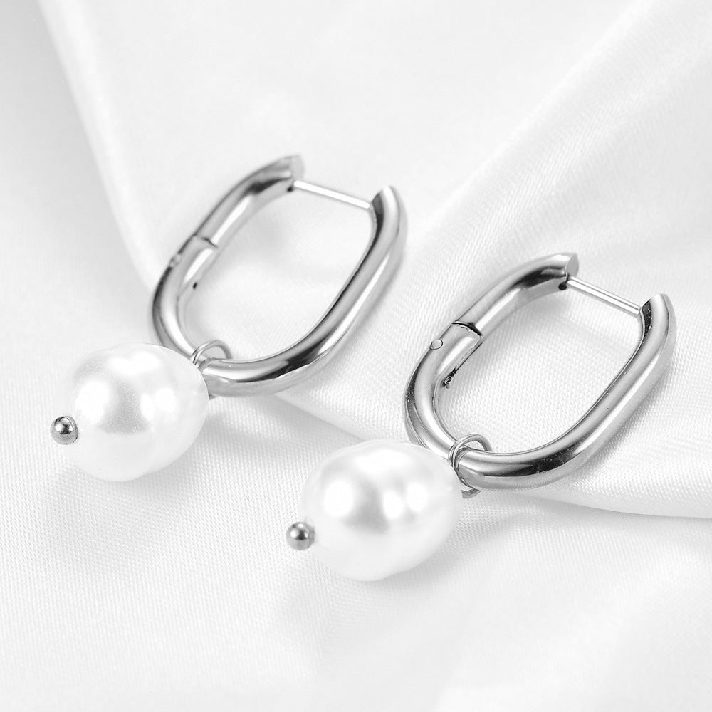 Women's Fashion Imitation Pearl U-shaped Hollow Stud Earrings-Jewearrings