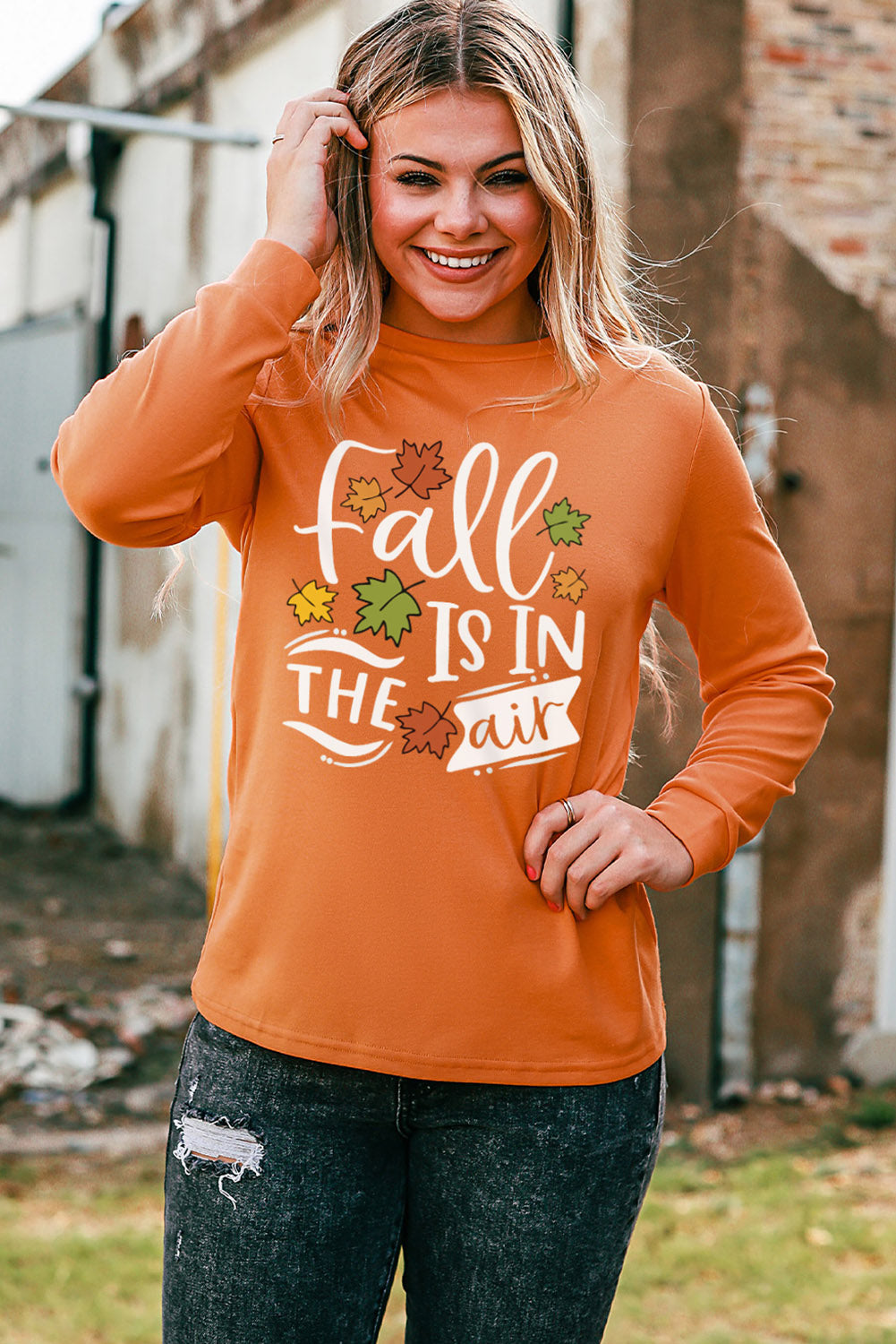 Round Neck Long Sleeve FALL IS IN THE AIR Graphic Sweatshirt-Jewearrings