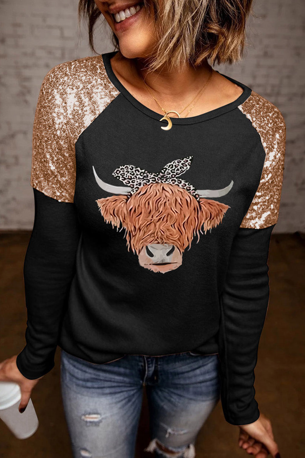 Contrast Sequin Animal Graphic Round Neck Top-Jewearrings