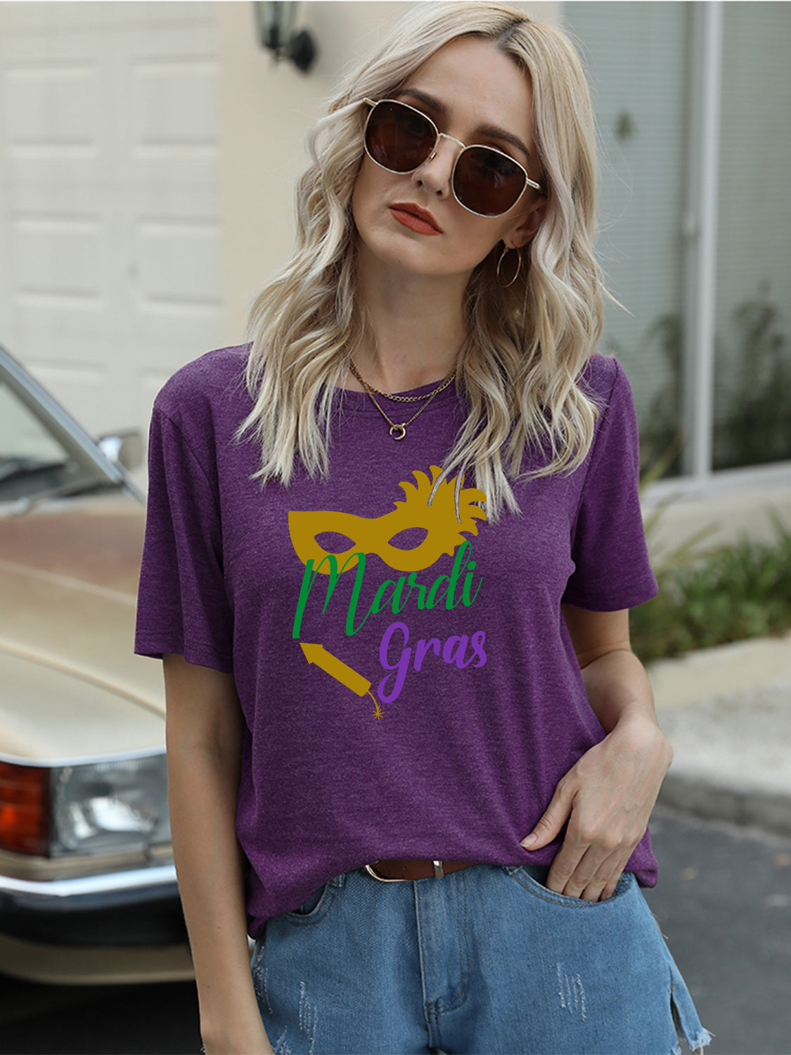 Full Size MARDI GRAS Round Neck Short Sleeve T-Shirt-Jewearrings