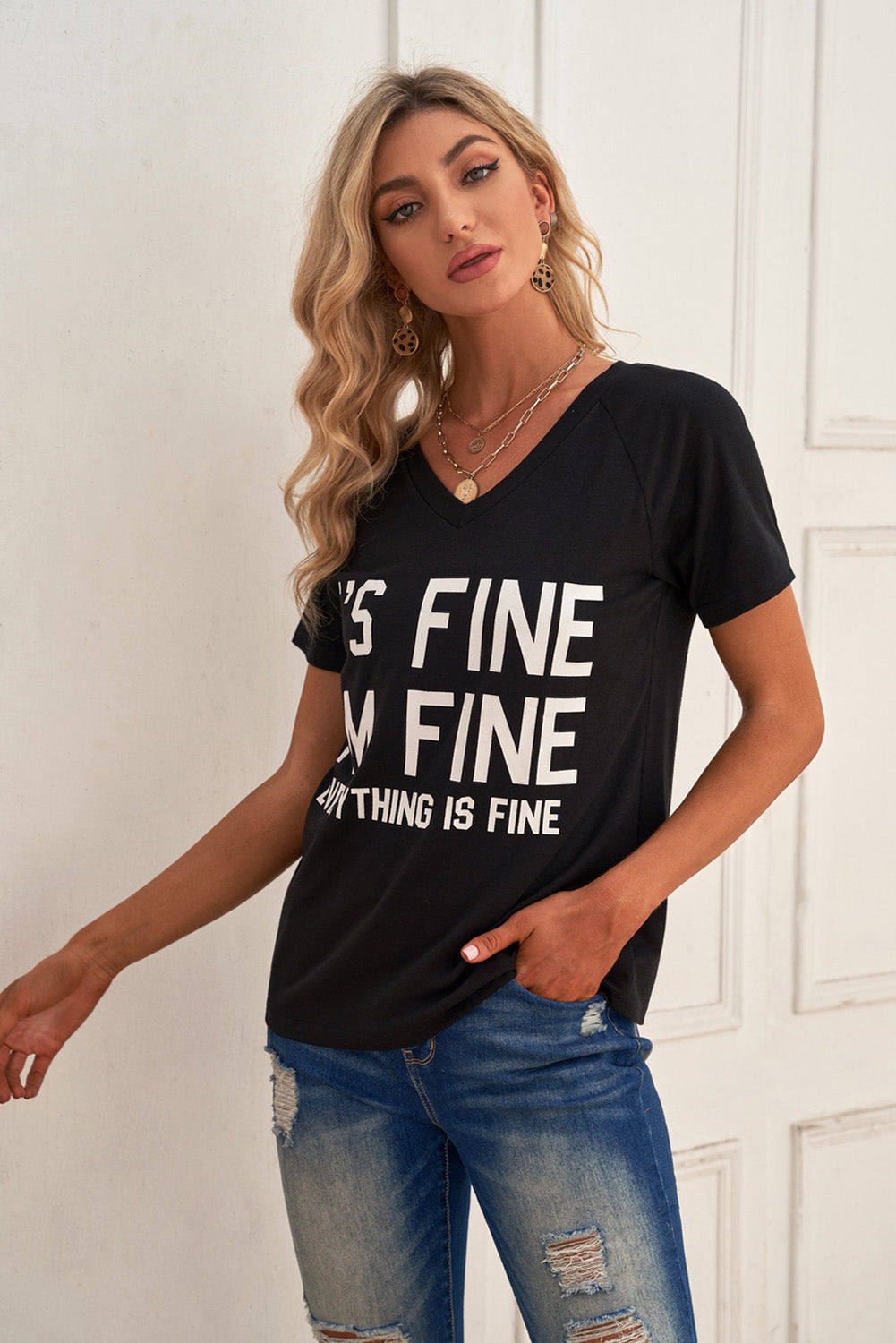 Slogan Graphic V-Neck Short Raglan Sleeve Tee-Jewearrings