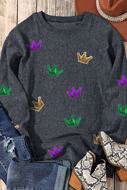 Crown Sequin Round Neck Sweatshirt-Jewearrings