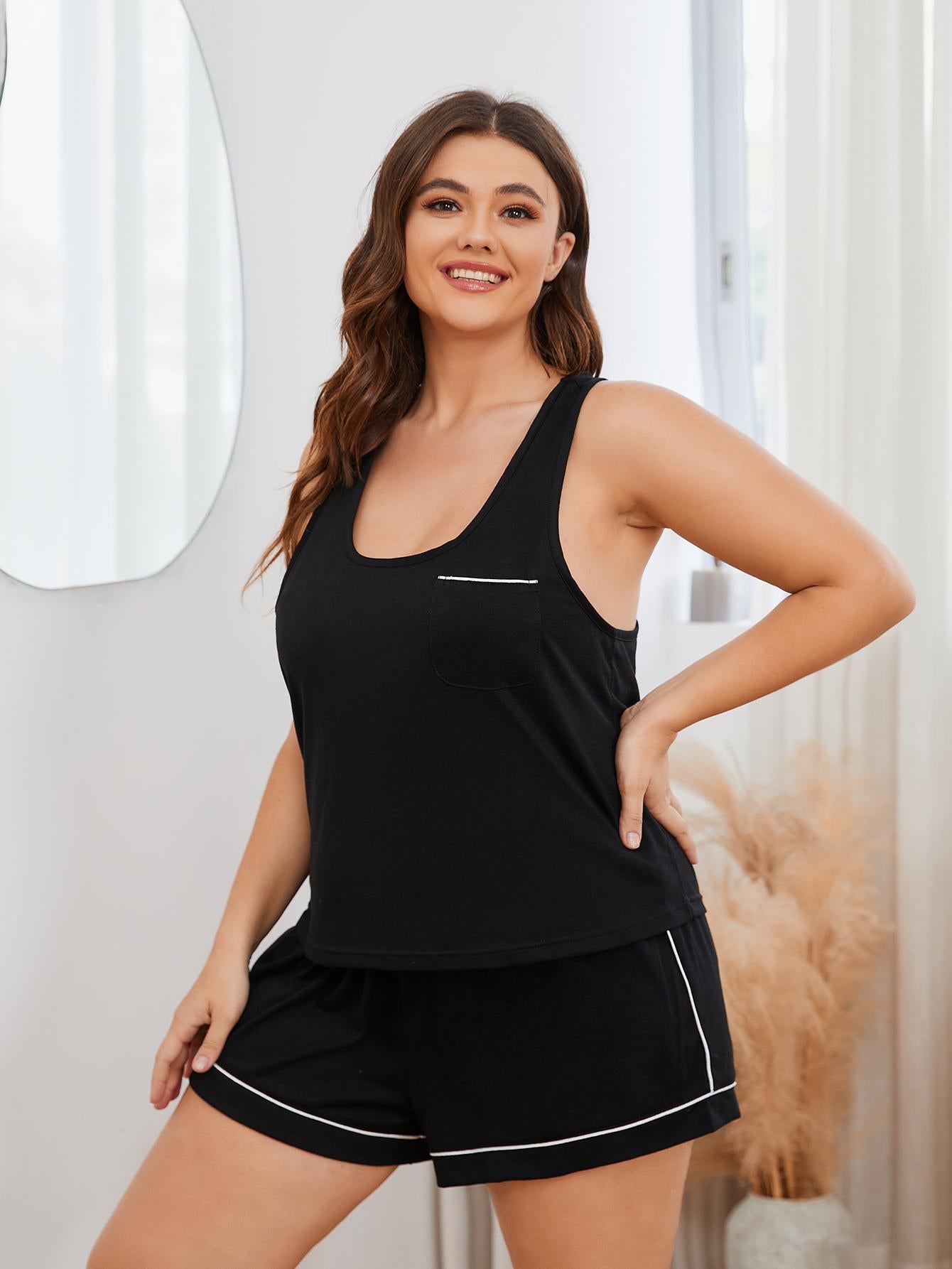 Plus Size Contrast Piping Racerback Tank and Shorts Lounge Set-Jewearrings