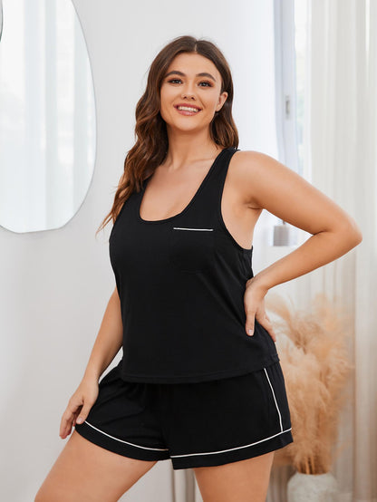 Plus Size Contrast Piping Racerback Tank and Shorts Lounge Set-Jewearrings