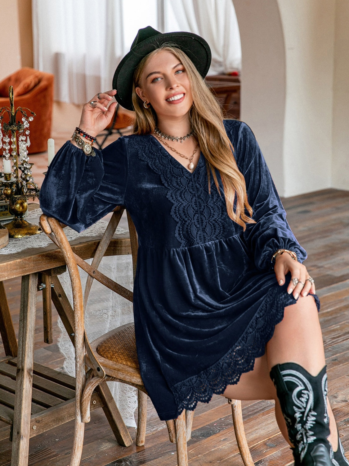 Plus Size Lace Detail V-Neck Balloon Sleeve Mini Dress-Jewearrings