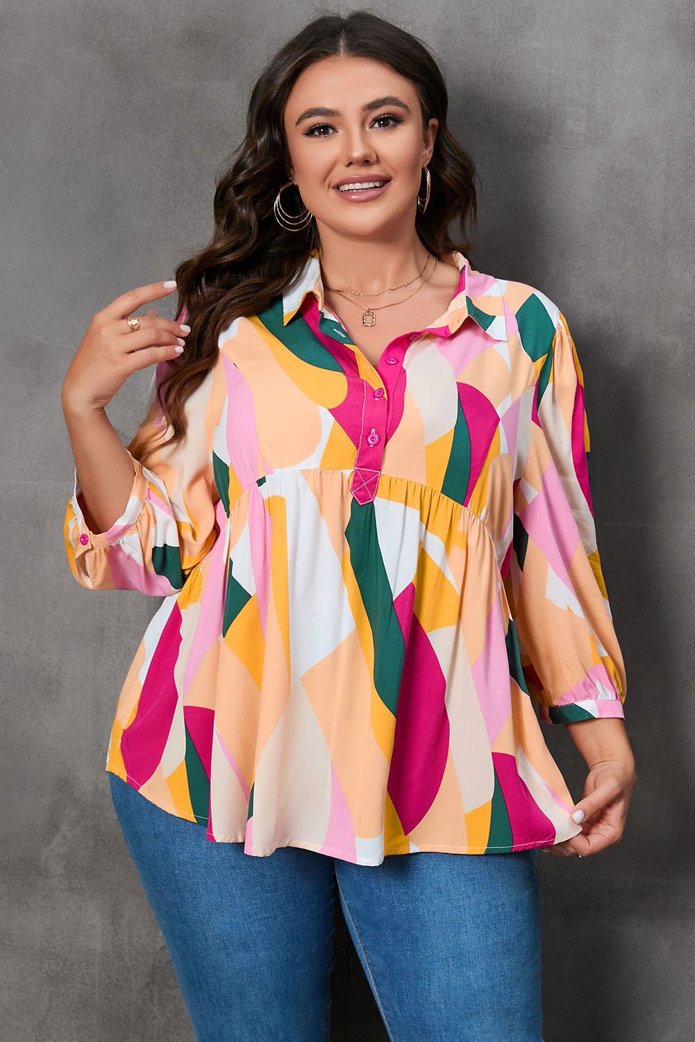 Plus Size Printed Collared Neck Half Button Top-Jewearrings