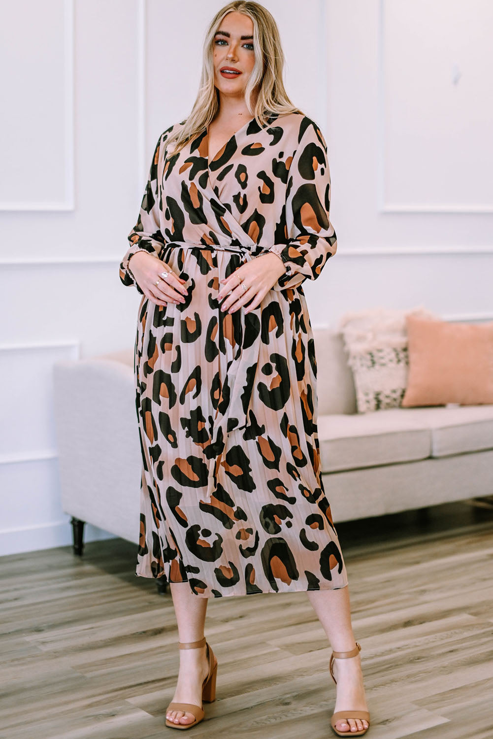 Plus Size Leopard Print Surplice Neck Long Sleeve Midi Dress-Jewearrings