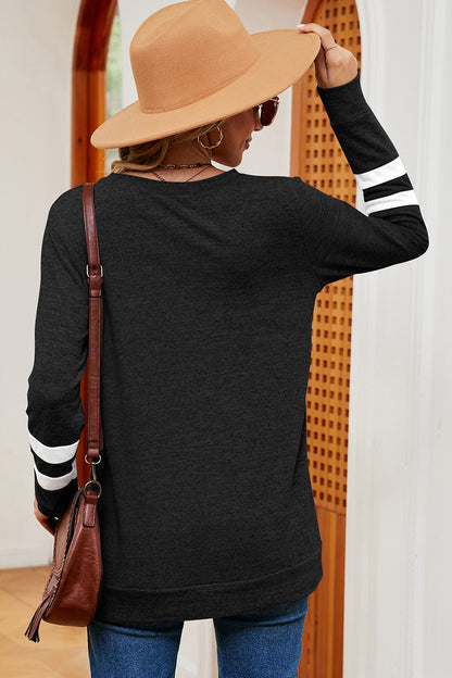 Striped V-Neck Long Sleeve T-Shirt-Jewearrings