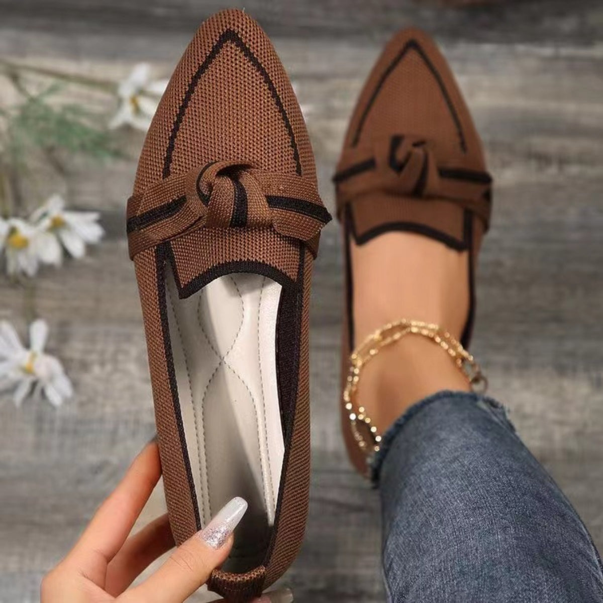 Bow Contrast Trim Point Toe Loafers-Jewearrings