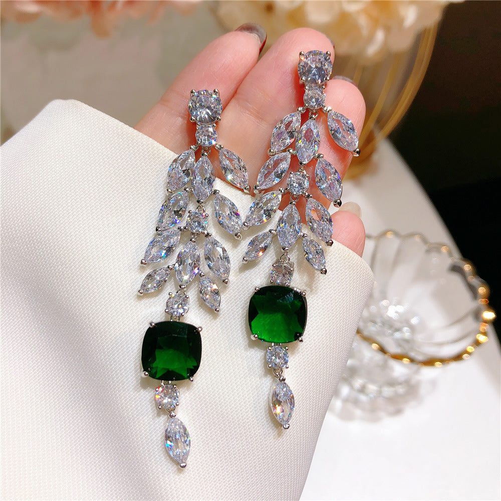 Women's Exaggerated Zircon Leaf Tassel Long Stud Earrings-Jewearrings