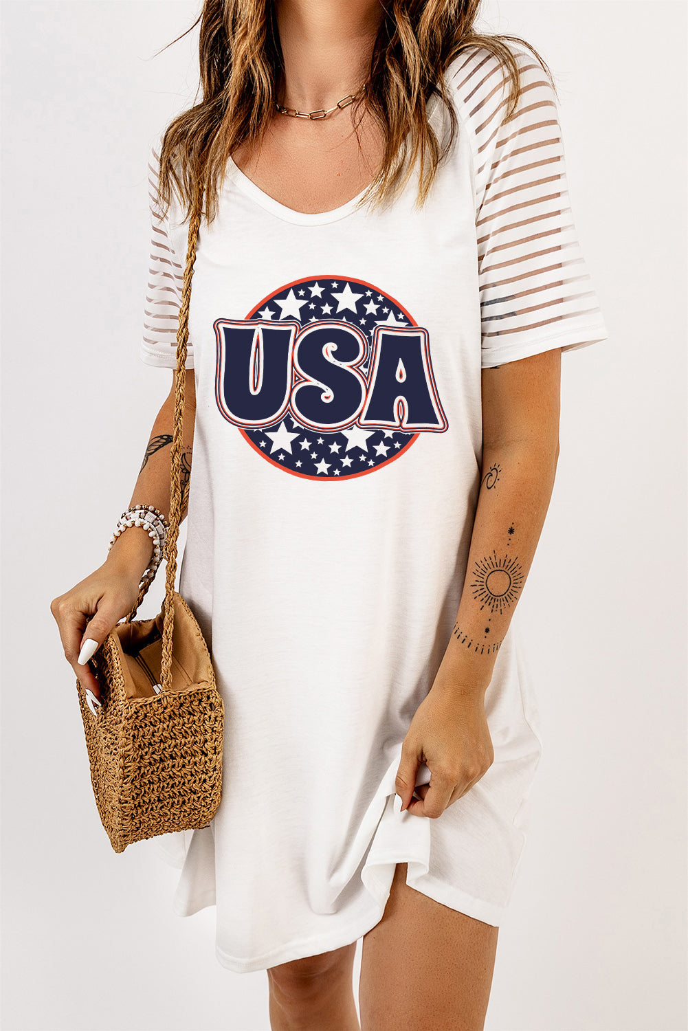 USA Sheer Striped Sleeve Tee Dress-Jewearrings