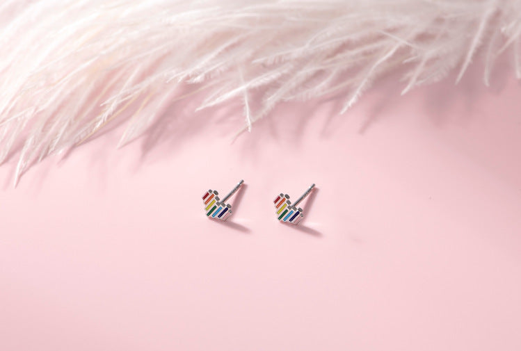 Silver Color Rainbow Love Heart Earrings Female Small Color Simple Heart-shaped Earrings-Jewearrings