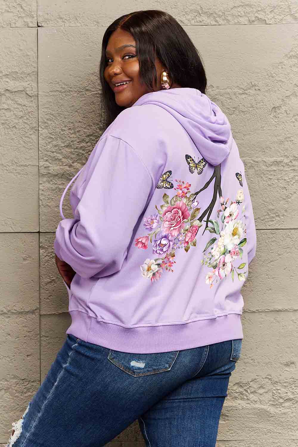 Simply Love Full Size Flower & Butterfly Graphic Hoodie-Jewearrings