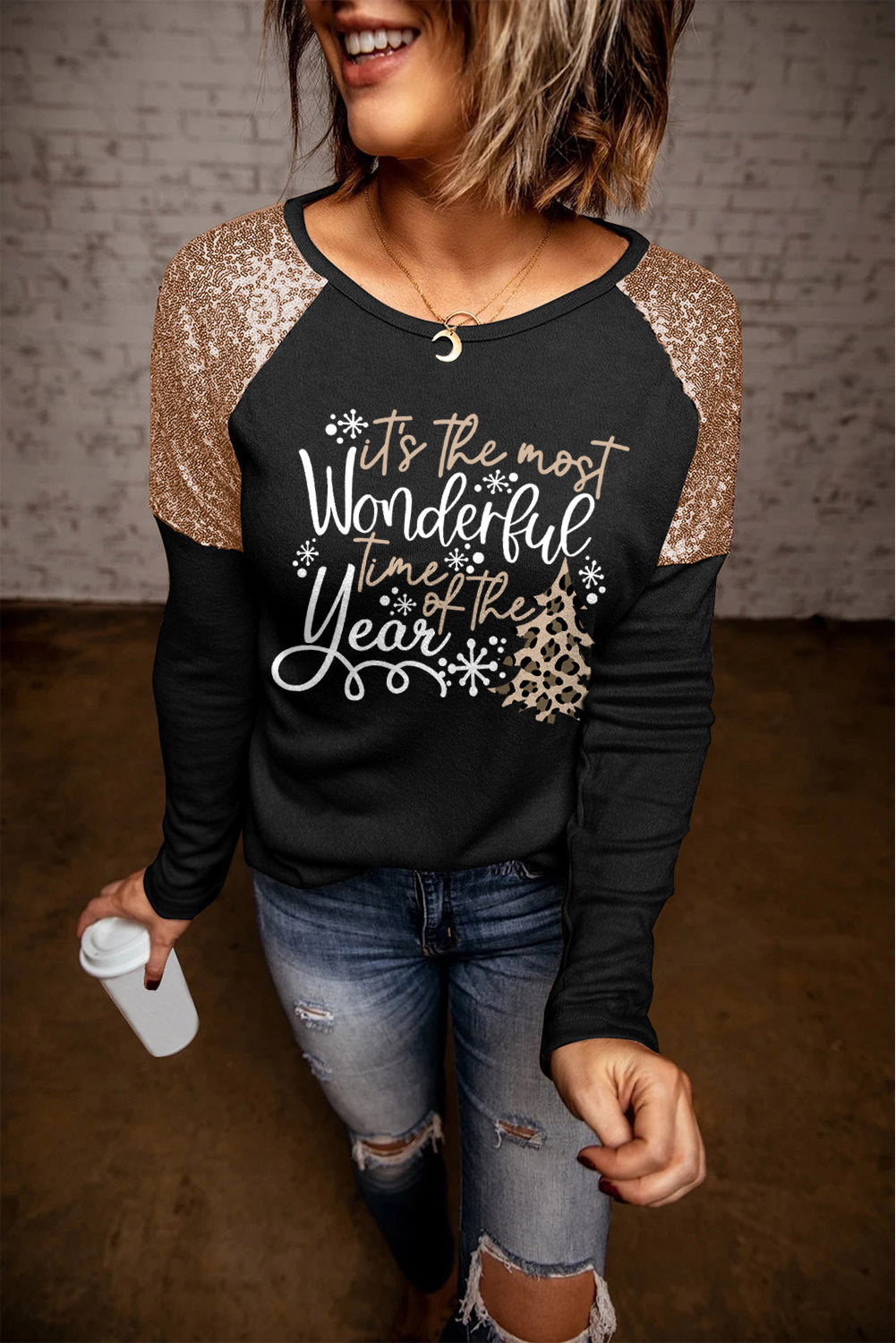 Sequin Slogan Graphic T-Shirt-Jewearrings