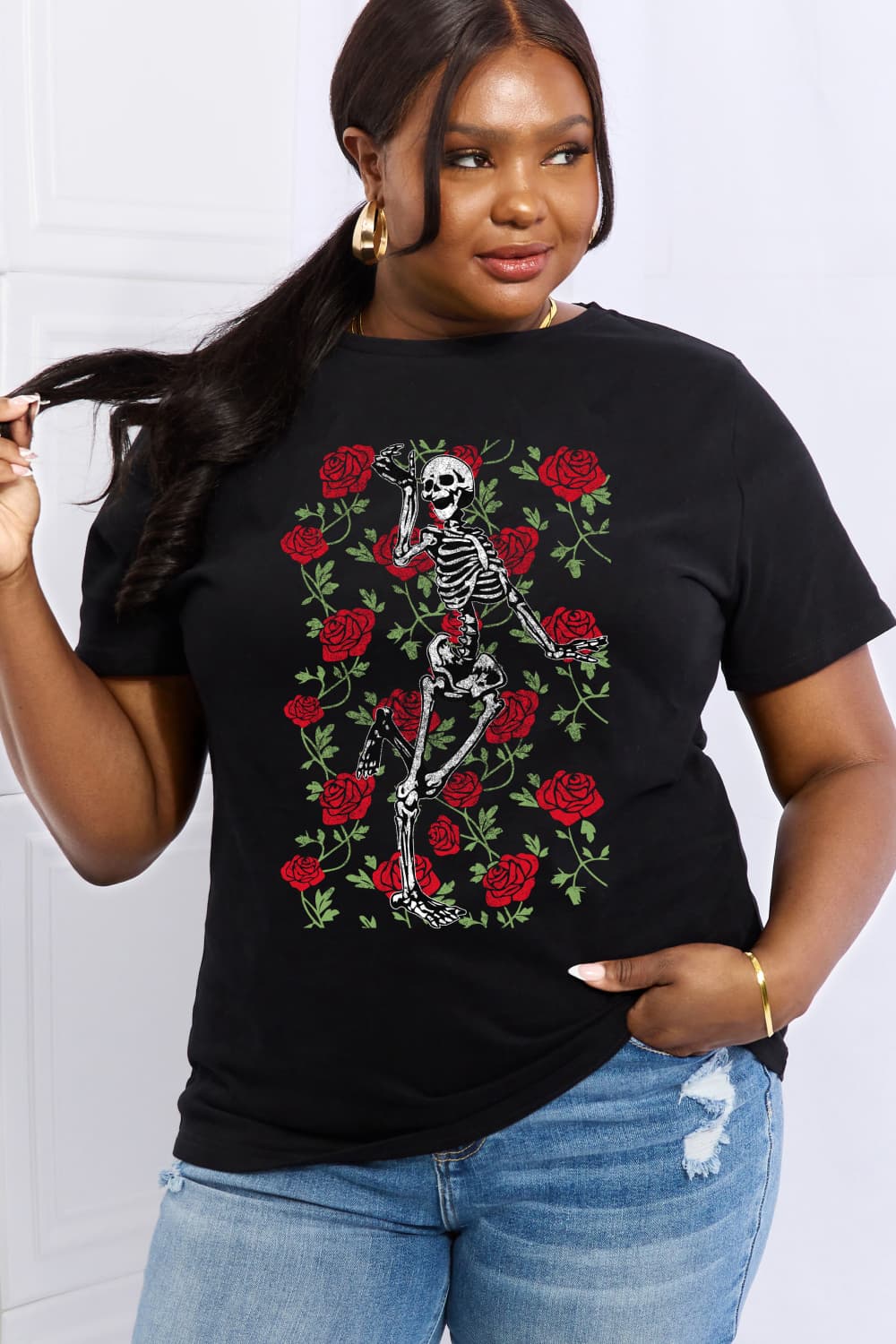 Simply Love Full Size Skeleton & Rose Graphic Cotton Tee-Jewearrings