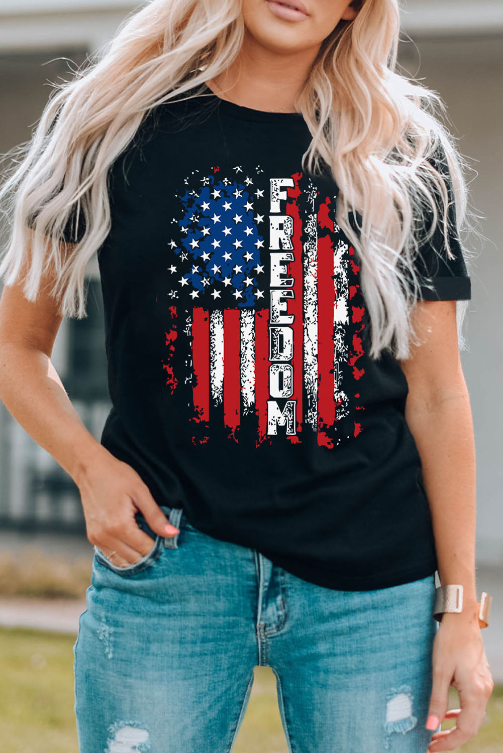 FREEDOM US Flag Graphic Round Neck Tee-Jewearrings