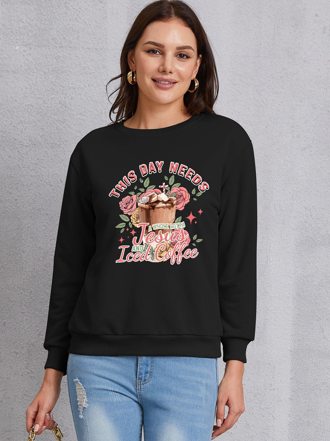 Letter Graphic Round Neck Sweatshirt-Jewearrings