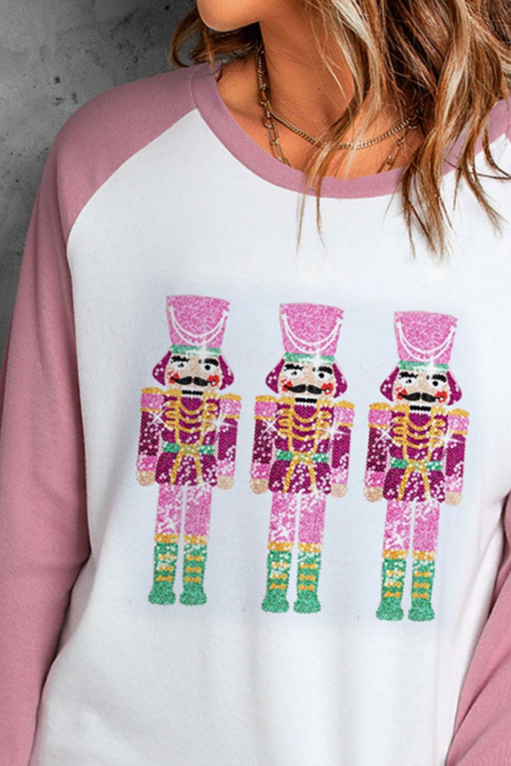 Nutcracker Sequin Round Neck Long Sleeve T-Shirt-Jewearrings