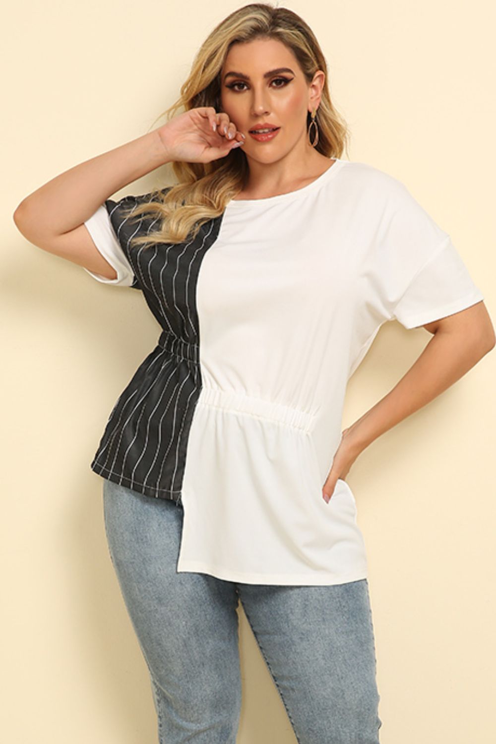 Plus Size Striped Color Block Asymmetrical T-Shirt-Jewearrings