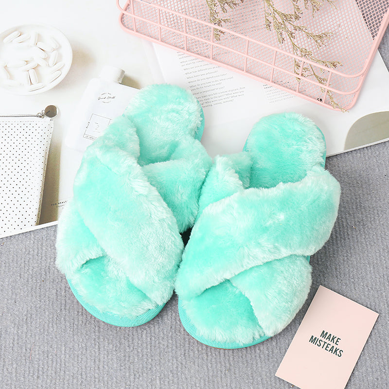 Faux Fur Crisscross Strap Slippers-Jewearrings