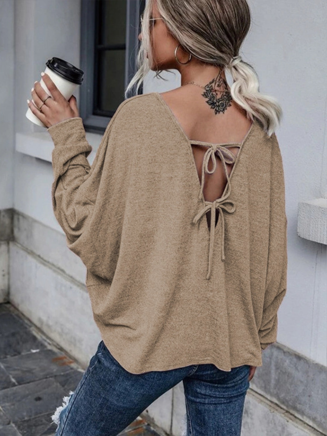 Full Size Round Neck Dropped Shoulder Tied T-Shirt-Jewearrings