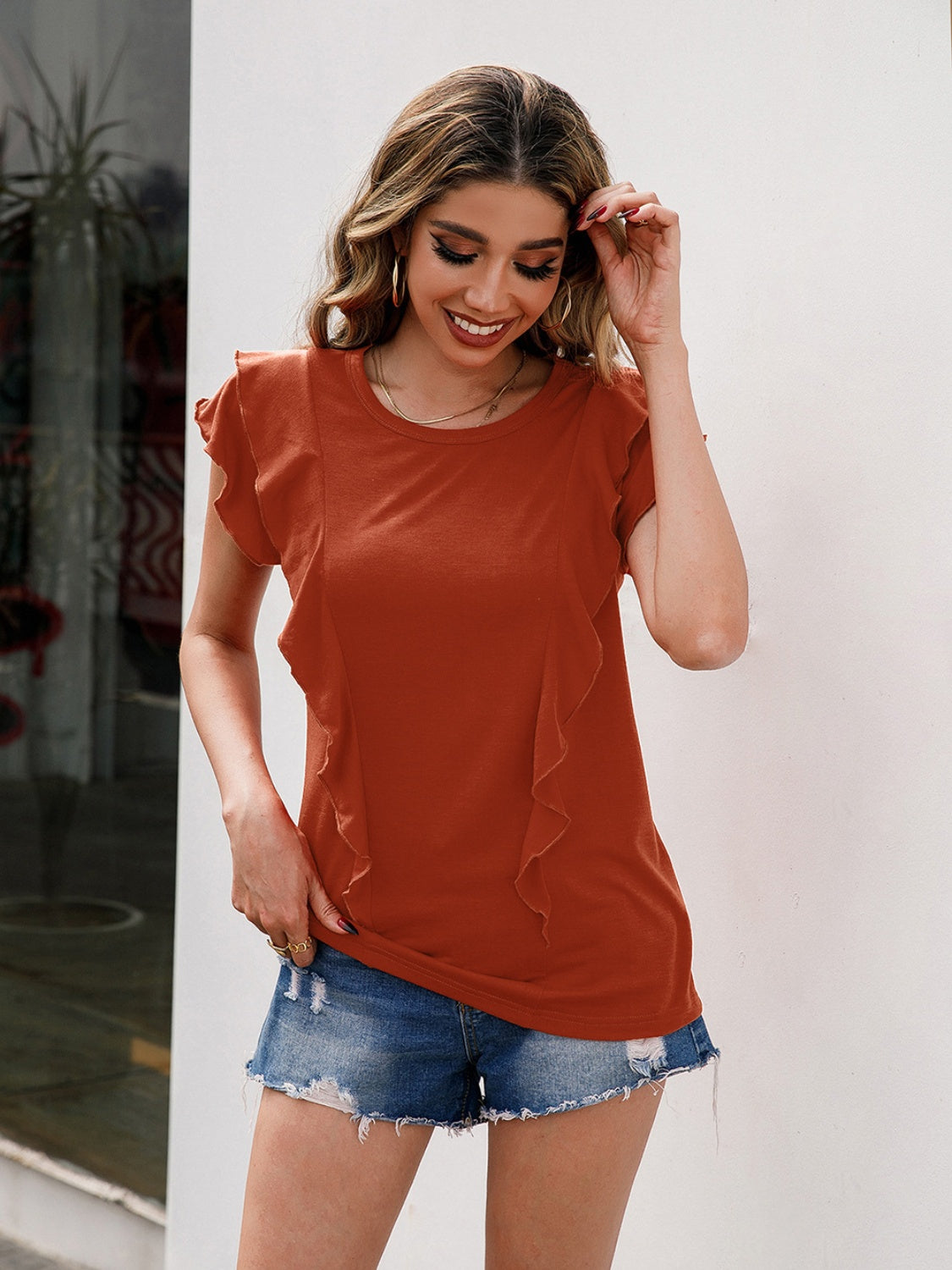 Ruffled Round Neck Cap Sleeve T-Shirt-Jewearrings