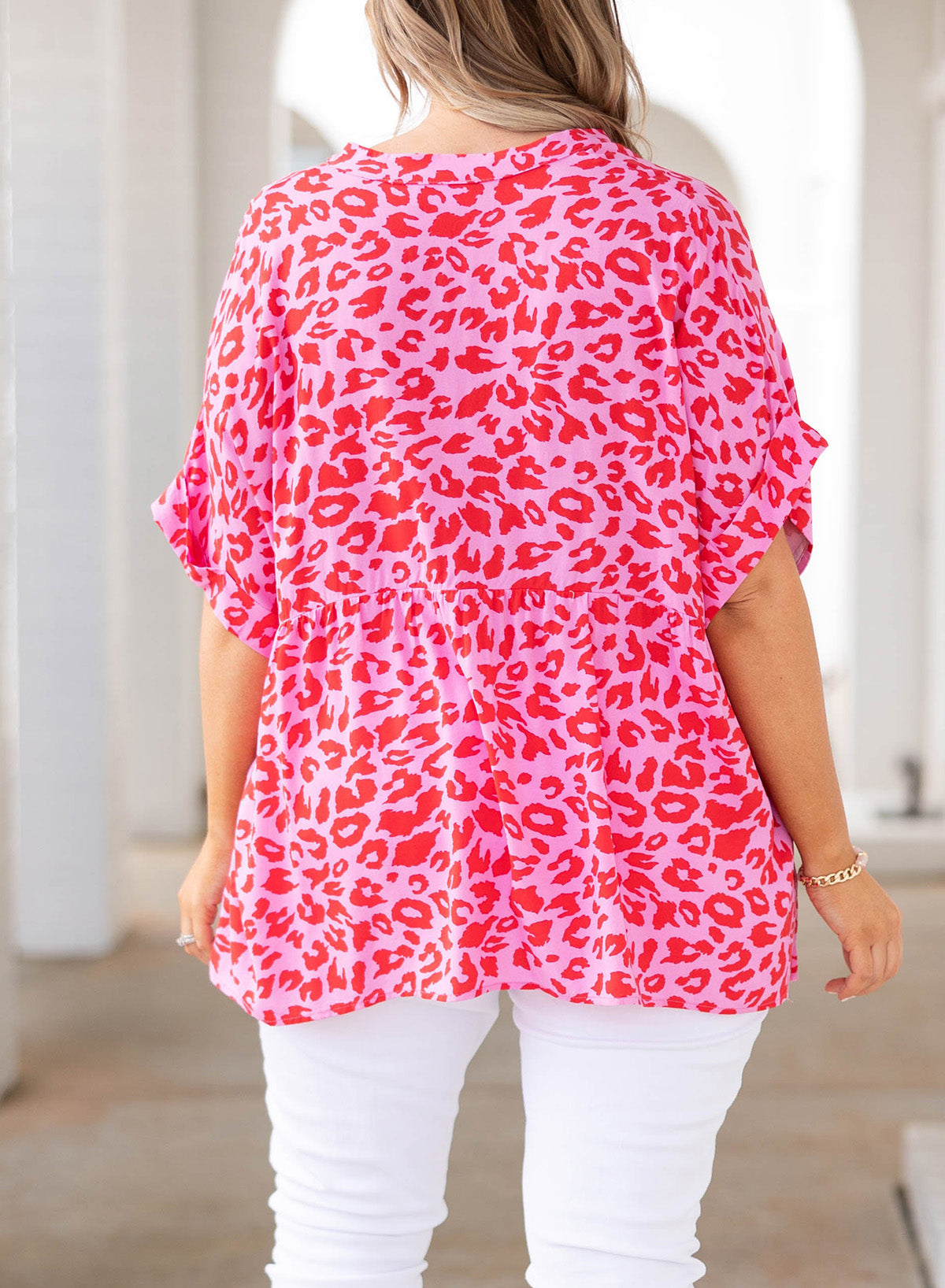 Plus Size Printed Notched Neck Half Sleeve Top-Jewearrings