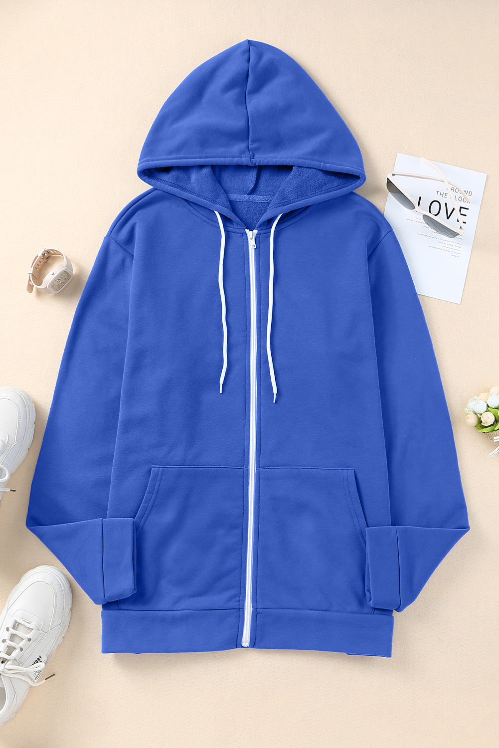 Plus Size Zip Up Hooded Jacket with Pocket-Jewearrings