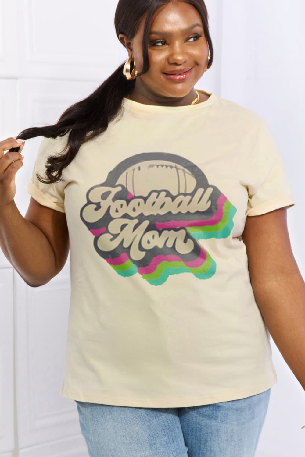 Simply Love Full Size FOOTBALL MOM Graphic Cotton Tee-Jewearrings