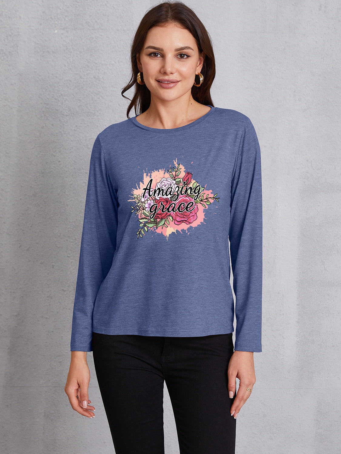 AMAZING GRACE Round Neck Long Sleeve T-Shirt-Jewearrings