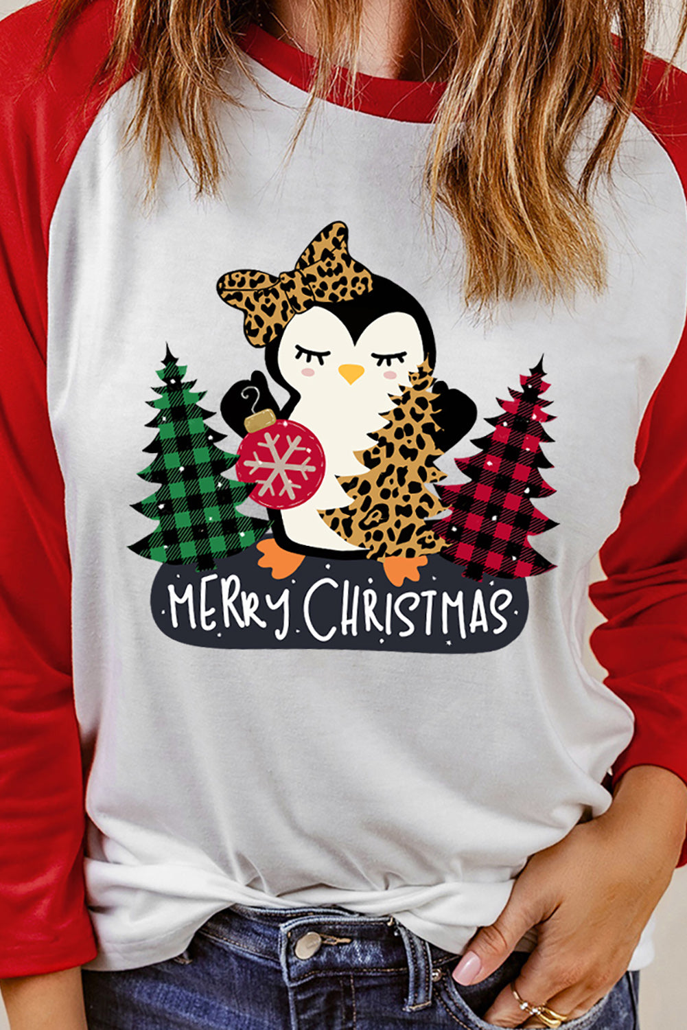 MERRY CHRISTMAS Penguin Round Neck Long Sleeve T-Shirt-Jewearrings