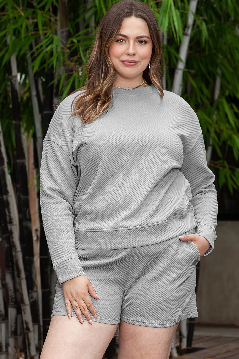 Plus Size Long Sleeve Top and Shorts Set-Jewearrings