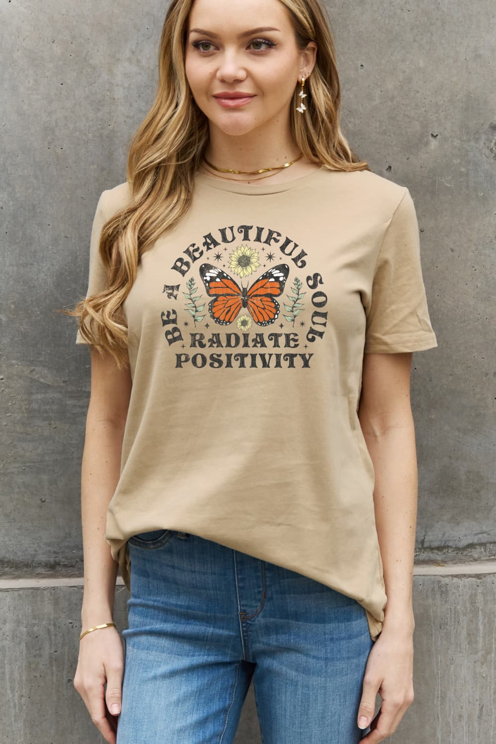 Simply Love Full Size BE A BEAUTIFUL SOUL RADIATE POSITIVITY Graphic Cotton Tee-Jewearrings